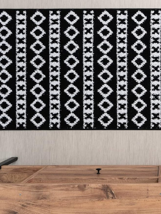 3 Ft Non-Slip Black White Doormat - 2'7" X 3' Washable Carpet - Rubber Backed, Custom Size Floor Mat for Stairs Bedroom Bathroom Entryway - Kilim Pattern