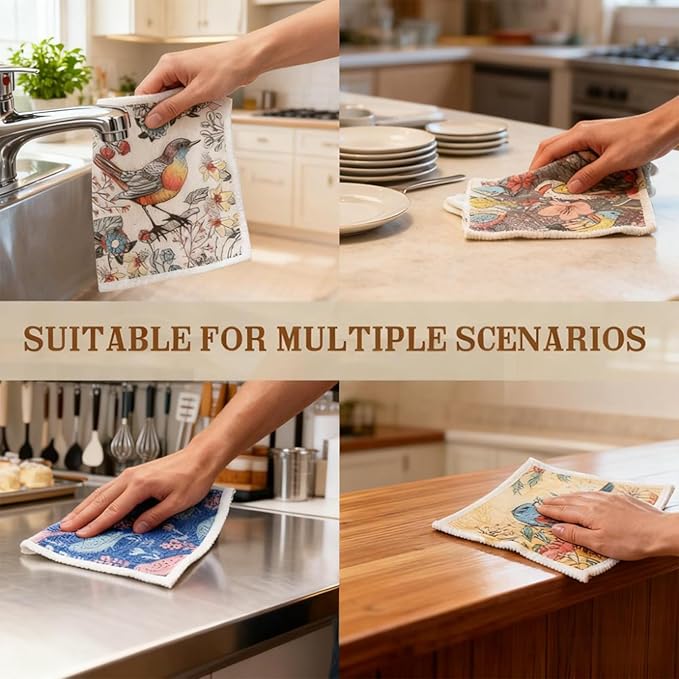 Swedish Dishcloths 6-Pack | Reusable Paper Towels Alternative | Super Absorbent & Biodegradable Kitchen Sponges & Cloths for Cleaning | 6 Vibrant Patterns (Floral and Bird Patterns)