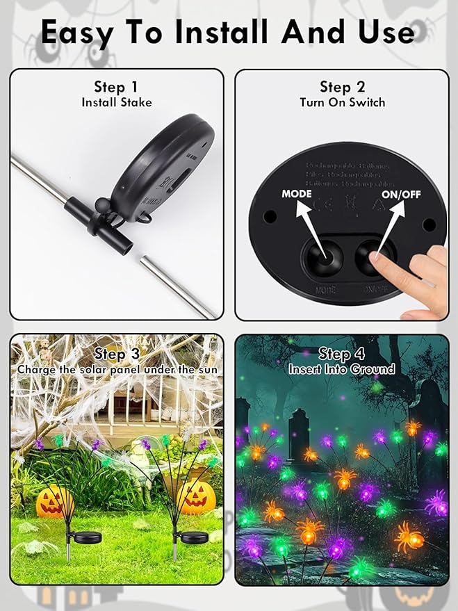 6 Pack 36LED Purple Orange and Green Halloween Solar Spider Garden Lights Outdoor, Solar Firefly Lights Swaying Lights with 2 Modes, Waterproof for Garden Yard Lawn Pathway Halloween Decorations