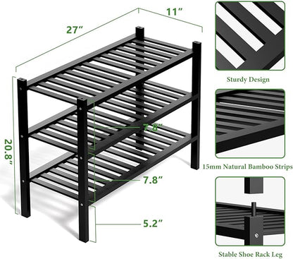 RONGJlA 3 Tier Bamboo Shoe Rack for Closet Free Standing Wood Shoe Shelf Storage Organizer for Entryway Small Space Stackable, Black