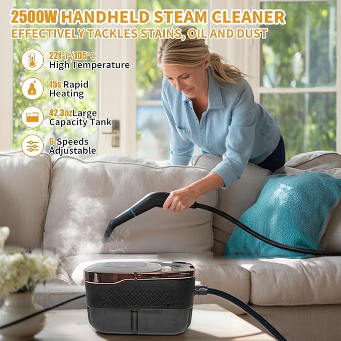 Handheld Steam Cleaner,15s Heat-Up,42.27oz Tank,6-Level Adjustable,2500W Portable Steamer for Cleaning with 11PCS Accessories,Steam Cleaner for Home,Car,Kitchen,Bathroom,Furniture,Floor,Grout