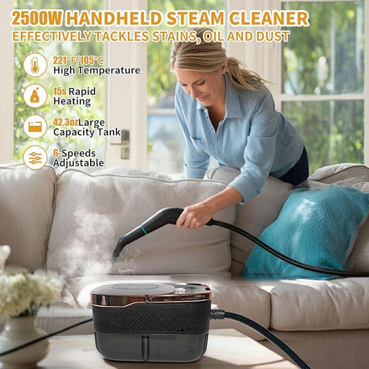 Handheld Steam Cleaner,15s Heat-Up,42.27oz Tank,6-Level Adjustable,2500W Portable Steamer for Cleaning with 11PCS Accessories,Steam Cleaner for Home,Car,Kitchen,Bathroom,Furniture,Floor,Grout