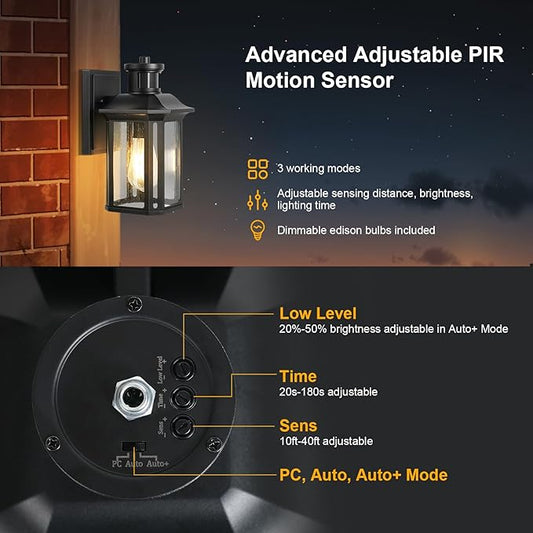2 Pack Motion Sensor Outdoor Wall Lights, Dusk to Dawn Porch Lights with 3 Adjustable Lighting Modes, Waterproof Exterior Light Fixture Wall Mount, Black Outside Lights for House, Garage, ETL Listed