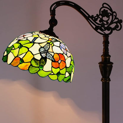 Tiffany Floor Lamp Stained Glass Lamp 18.88X12X67 Inch Angle Adjustable Arched Gooseneck Antique Reading Light (Butterfly Flowers)