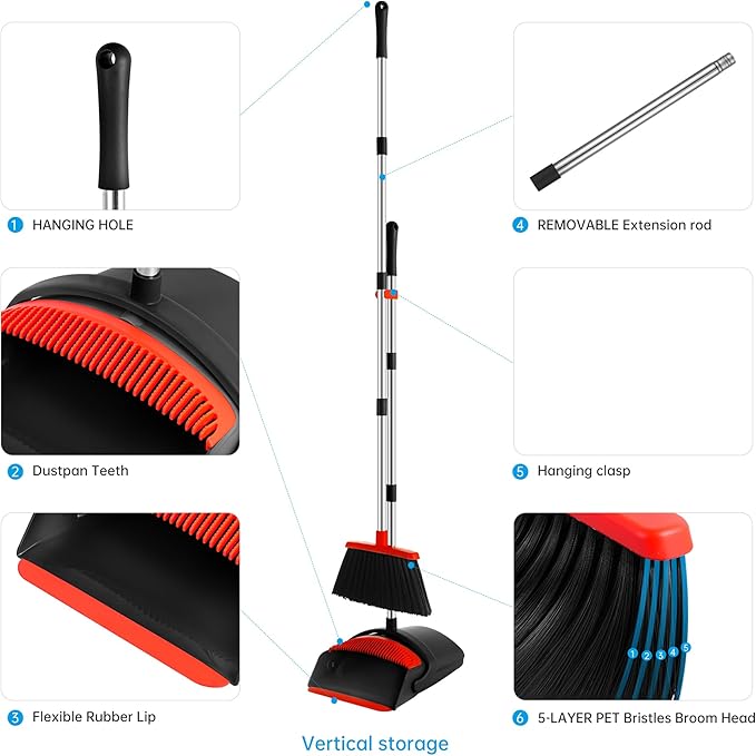 Broom and Dustpan Set House Brooms for Sweeping Indoor Collapsible Broom and Dust Pan Combo for Home Office Kitchen Lobby Floor Pet Hair