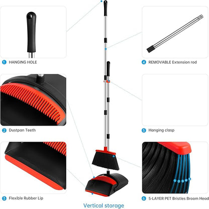 Broom and Dustpan Set House Brooms for Sweeping Indoor Collapsible Broom and Dust Pan Combo for Home Office Kitchen Lobby Floor Pet Hair