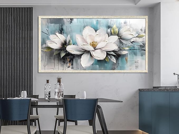 Ardemy Magnolia Wall Art Framed Large Canvas Wall Decor Living Room, White Floral Pictures Wall Decor Teal Paintings FlowerTextured Artwork for Bedroom Dining Room Home Office, 58"x29"