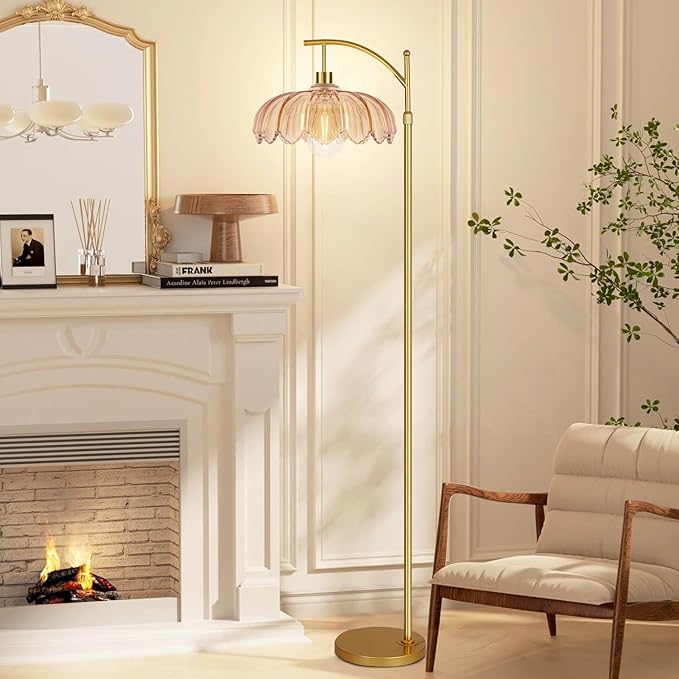 Floor Lamp for Living Room,Bedroom,Gold Dimmable Standing Lamp with Remote,Mid Century Modern Brass Tall Lamp Retro Vintage Green Glass Lamp Floor Light Boho Bohemian