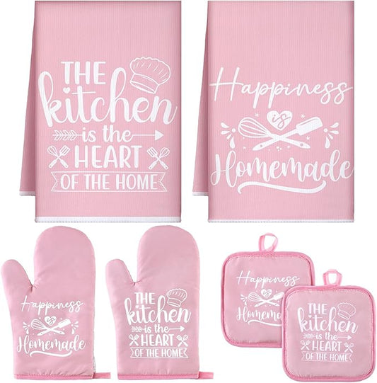 Sratte 6 Pcs Kitchen Decor Accessories Set Farmhouse Towels Pot Holders Oven Mitts Set 2 Dish Towels 2 Potholders 2 Cooking Mittens Oven Glove for Christmas Baking Cooking Supply(Pink,Kitchen)