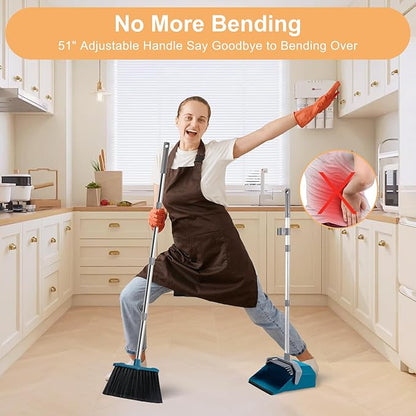 Broom with Dustpan Combo Set, Large Size Dust Pan Set with 51'' Long Handle, Stand Up Broom and Dustpan Suitable for Home Kitchen Lobby Office Pet Hair - Dark Blue