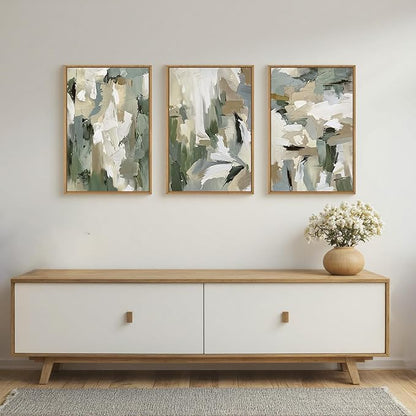 Large Abstract Green Beige Framed Canvas Wall Art Set,Neutral Brush Stroke Watercolor Wall Painting,Modern Minimalist Artwork for Living Room,Bedroom,Dining Room,Office -24"x36"x3