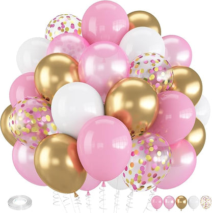 Pink and Gold Balloons, 12 Inch Light Baby Pink White and Gold Confetti Balloons for Girls Princess Birthday Baby Shower Bridal Shower Wedding Graduation Party Decoration