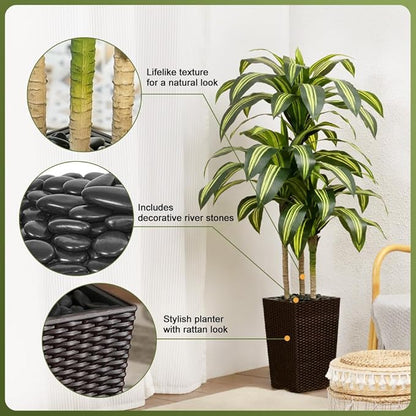 Artificial Dracaena Tree 5FT - UV Resistant Faux Tree with Large Taper Planter & Pebbles - Tall Fake Plants Indoor & Outdoor, Potted Floor Plant for Home Living Room Porch Decor, VN127