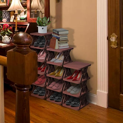Small Shoe Rack, 6 Tier Foldable Shoe Organizer Without Assembly, Fake Wood-Pattern Match Floor Well, for Entryway, Front Door Entrance, Bedroom, Brown