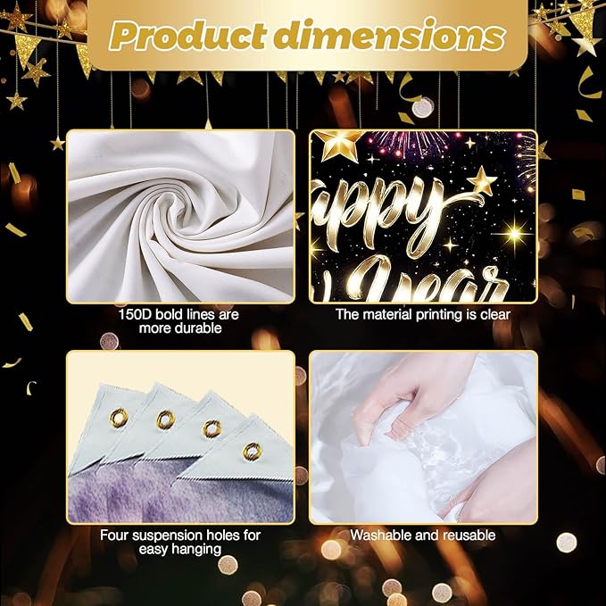 Happy New Year Backdrop Gold Glitter Champagne Glasses Fireworks Gift Boxes Banner 71x43 Inches Sparkling Black Background for 2026 New Year Eve Party Indoor Outdoor Decoration