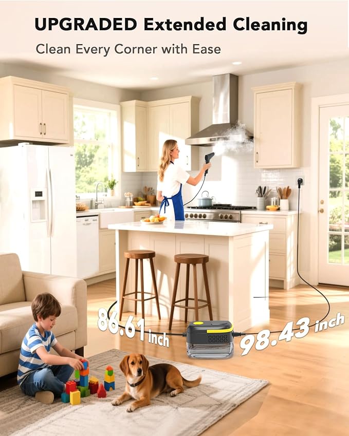 Handheld Steam Cleaner for Home, Portable Steamer for Cleaning with 6-Level Adjustable Handle, 1.47Qt Tank, 15s Heat-Up, 185" Reach & 16 Accessories – Clean Dirt, Car, Grout, Tile, Floor, Grease