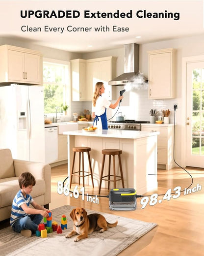 Handheld Steam Cleaner for Home, Portable Steamer for Cleaning with 6-Level Adjustable Handle, 1.47Qt Tank, 15s Heat-Up, 185" Reach & 16 Accessories – Clean Dirt, Car, Grout, Tile, Floor, Grease