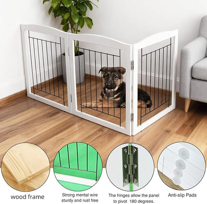 ZJSF Freestanding Foldable Dog Gate for House Extra Wide Wooden White Indoor Puppy Gate Stairs Doorways Pet Gate Tall Dog Fence 3 Panels Fence
