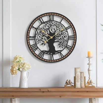 Micasso Non-Ticking Large Wall Clock: 18Inch Tree of Life Metal Black with Solid Wood Frame - Battery Operated Silent Clock for Living Room/Office/Bedroom/Kitchen - Home Decor for Vintage Style