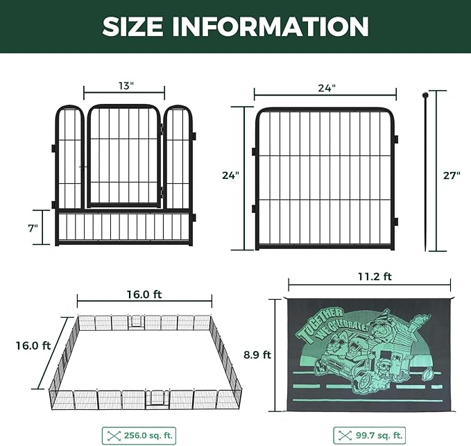 FXW Instant Unleashed Dog Playpen, Portable Pet Fence for Outdoor, RV Trips, and Camping, 24 inch, 32 Panels for Puppy and Small Dogs with 9' x 11' RV Mat│Patented