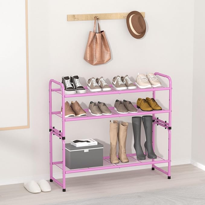 SUFAUY 33" Wide Shoe Rack for Closet, 2 Tier Metal Shoe Organizer Heavy Duty, Stackable, Pink