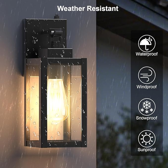 2-Pack Dusk to Dawn Outdoor Wall Lights, Modern Black Sensor Porch Light Fixtures, Waterproof Exterior Lighting for House, Garage, Patio, Front Door, 100-120Vac