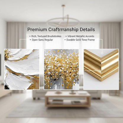 Hand-Painted Floral Canvas Oil Painting for Living Room,Framed 3D Gold and White Abstract Wall Art for Bedroom, Large 3 Pieces Flowerl Wall Painting for Office Kitchen Bathroom Home Decor 24x64 inches