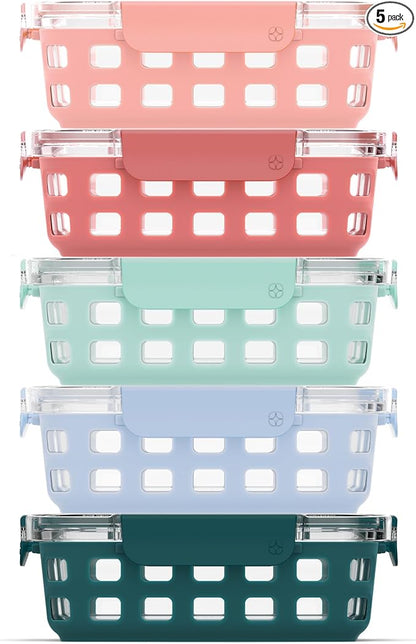 Ello Duraglass 3.4 Cup Meal Prep Sets 10Pc, 5 Pack Set- Glass Food Storage Container with Silicone Sleeve and Airtight BPA-Free Plastic Lids, Dishwasher, Microwave, and Freezer Safe, Melon