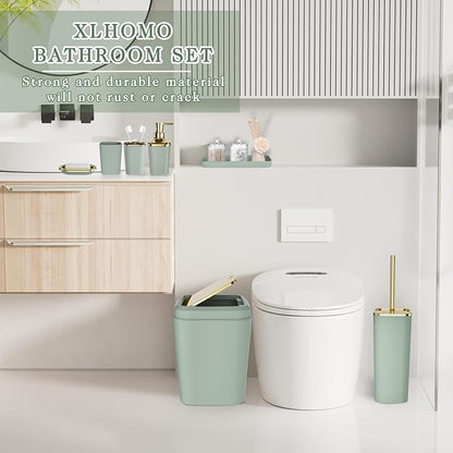 Bathroom Set, Sage Green Bathroom Accessories Set with Press-on Lid Bathroom Trash Can, Soap Dispenser, 10PC Bathroom Accessory Set for Home