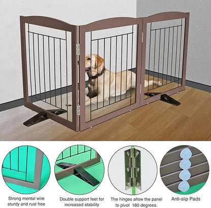 ZJSF Freestanding Dog Fence Indoor, Foldable Dog Gate for Doorways, Stairs or Hallways, Sturdy Wood Extra Wide Pet Gate with Support Feet for The House, Brown, 24 "Height-3 Panels