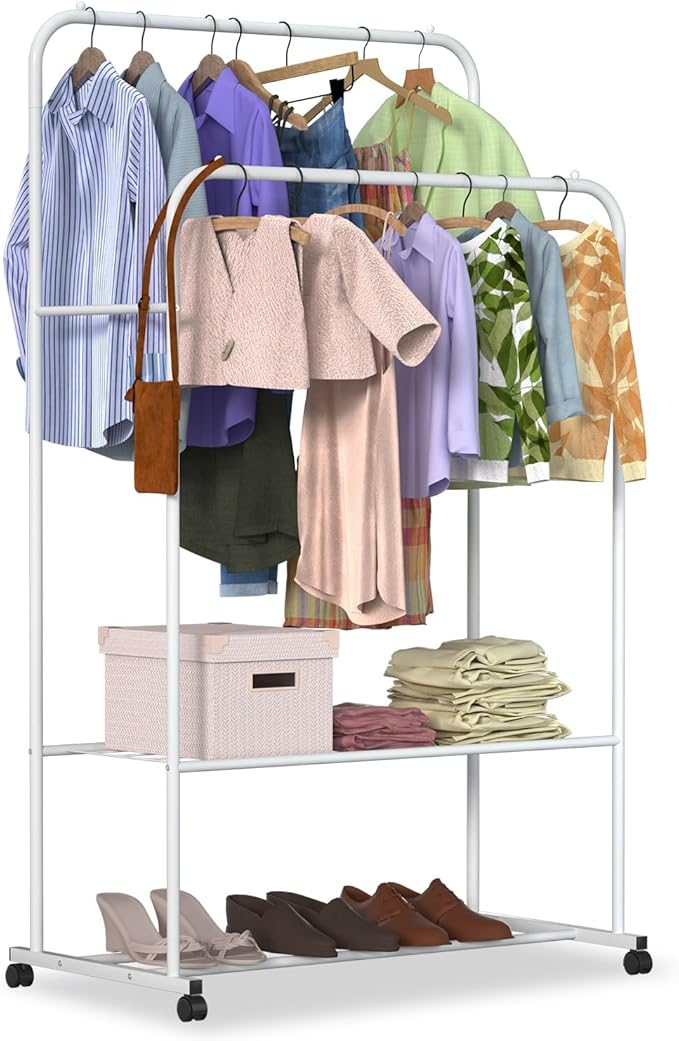 Double Rods Clothes Rack, Rolling Clothing Rack for Hanging Clothes, Sturdy Metal Wardrobe Rack Garment Rack, Closet Organizer with Storage Shelf for Clothes Shoes Organization (White)