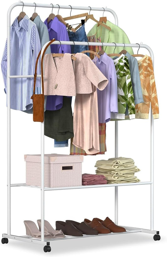 Double Rods Clothes Rack, Rolling Clothing Rack for Hanging Clothes, Sturdy Metal Wardrobe Rack Garment Rack, Closet Organizer with Storage Shelf for Clothes Shoes Organization (White)