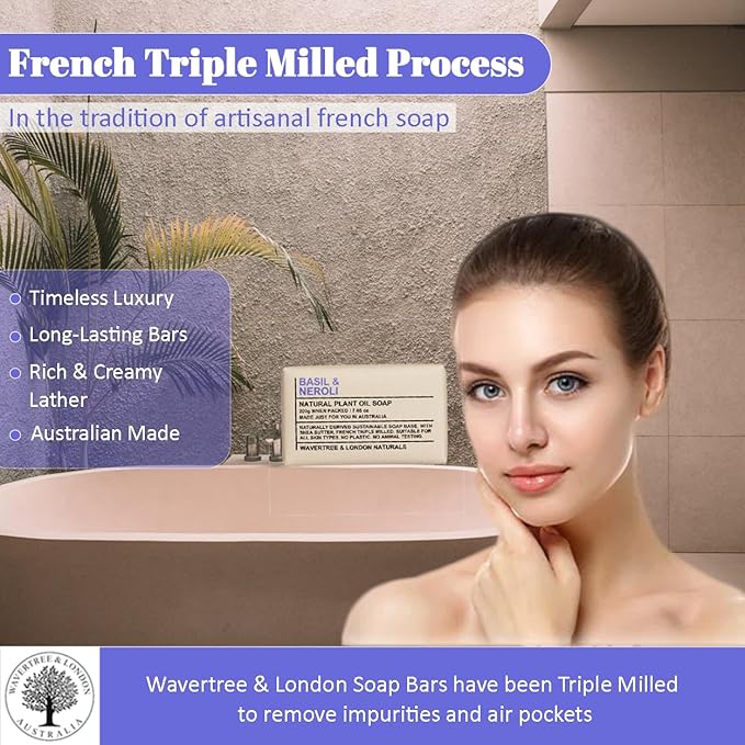 Wavertree & London Basil & Neroli Scented Natural Soap Bars (2 Bars), 7oz Moisturizing French Triple Milled Soap enriched with shea butter - Plant Oil Bath & Body Soap Bars [100% Naturally derived]