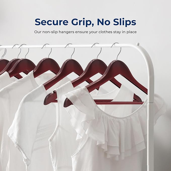 SereneLife 50 Pack Wooden Hangers Cherry Finish Heavy Duty Suit and Coat Hanger Set with 10 lb Capacity 360° Swivel Chrome Hook Non Slip Notches Pants Bar Space Saving Closet Clothes Organizer
