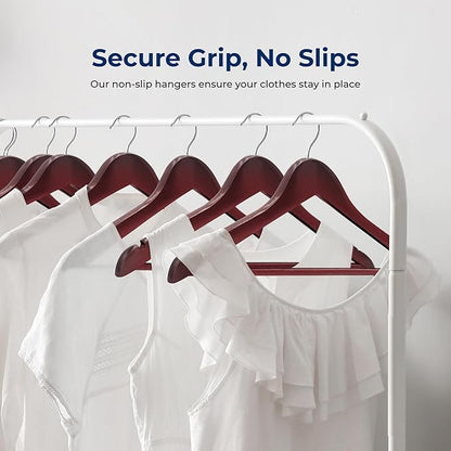 SereneLife 60-Pack Wooden Hangers Cherry Finish – Heavy Duty Suit & Clothes Hangers with Non-Slip Notches, Pants Bar, 360° Swivel Chrome Hook, 10 lb Capacity, Space Saving Closet Organization