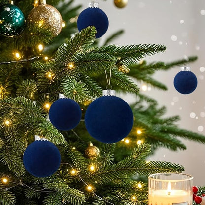 Velvet Christmas Ball Ornaments Set-46pcs Flocked Shatterproof Christmas Tree Decorations Plastic Xmas Decorative Hanging Ornaments for Xmas Holiday Home Decor,3 Sizes(Navy Blue)