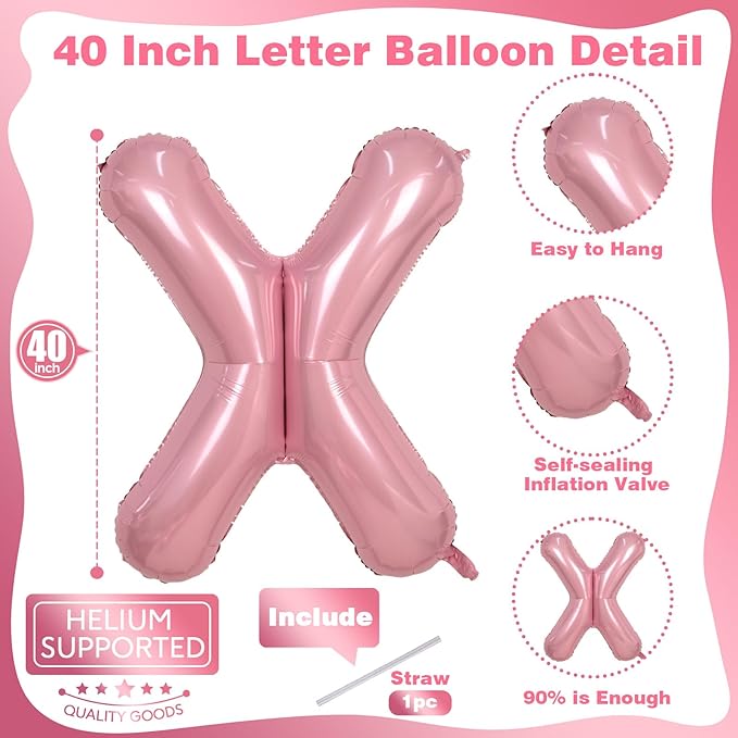 40" Giant Pastel Pink Letter Balloon X, Lager Foil Balloons Pearl Pink Alphabet X, Light Pink Letter X for Girls, Mylar Letter Customize X Balloons for Women Birthday Party Decorations Supplies