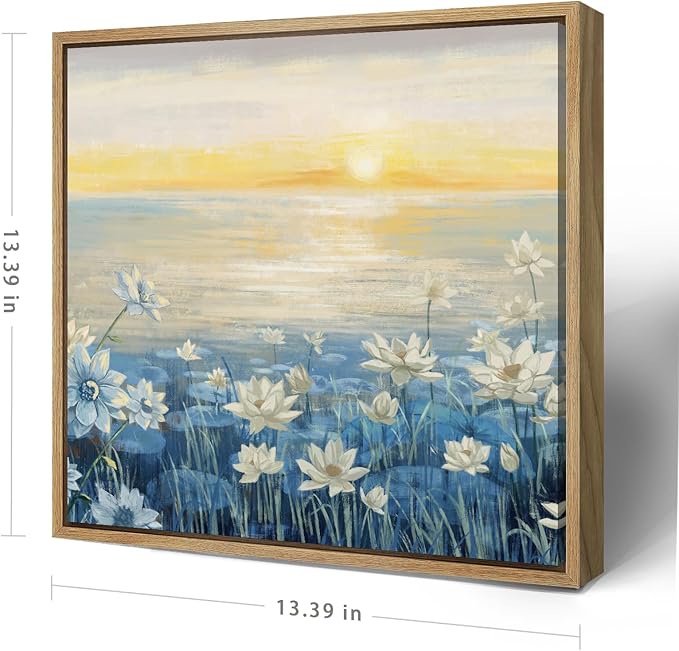 amatop Bathroom Decor Wall Art Framed Canvas Wall Art Modern Beach Coastal Floral Sunset Boho Ocean Artwork Blue Yellow Lotus Flower Zen Wall Picture for Bedroom Kitchen Office Small