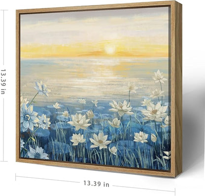 amatop Bathroom Decor Wall Art Framed Canvas Wall Art Modern Beach Coastal Floral Sunset Boho Ocean Artwork Blue Yellow Lotus Flower Zen Wall Picture for Bedroom Kitchen Office Small