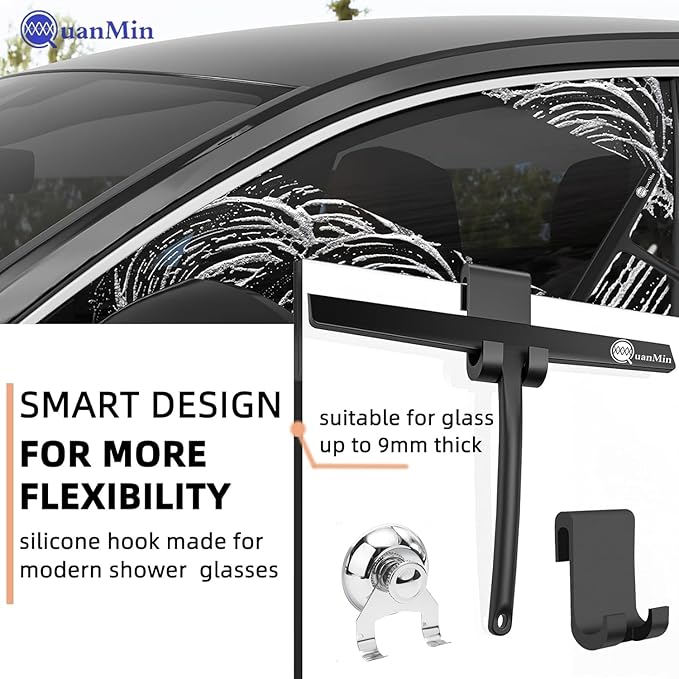 Squared Shower Squeegee with Hook, 11 inch Stainless Steel Silicone Core All-Purpose Household Window Mirror Cleaner Tool Bathroom Squeegee for Glass Doors,Car Cleaning,Tile Wall,Black