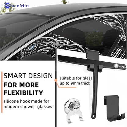 Squared Shower Squeegee with Hook, 11 inch Stainless Steel Silicone Core All-Purpose Household Window Mirror Cleaner Tool Bathroom Squeegee for Glass Doors,Car Cleaning,Tile Wall,Black