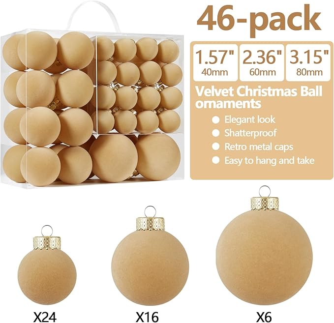 Velvet Christmas Ball Ornaments Set-46pcs Flocked Shatterproof Christmas Tree Decorations Plastic Xmas Decorative Hanging Ornaments for Xmas Holiday Home Decor,3 Sizes(Light Khaki)