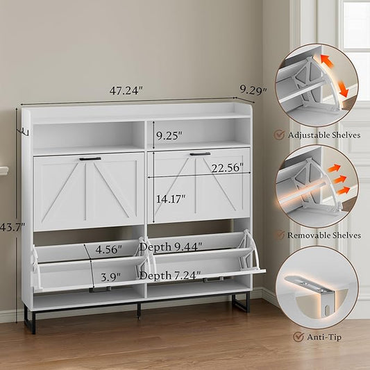 Shoe Cabinet with 4 Flip Drawers Narrow Shoe Storage Cabinet Organizer Wooden Freestanding Shoe Rack Hidden Slim Shoes Storage Cabinet for Entryway, Hallway, Living Room, Bedroom