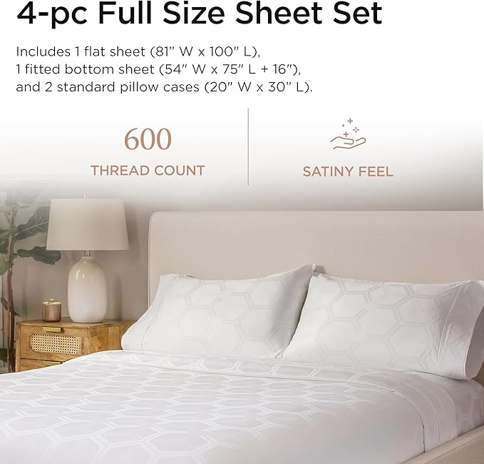 Threadmill 100% Cotton Sheets for Full Size Bed - 600 Thread Count Full Bed Sheets Set with 16” Deep Pocket - Jacquard Sateen Weave 4-Piece Bedding Set with Cooling Effect, White