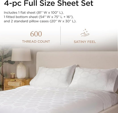 Threadmill 100% Cotton Sheets for Full Size Bed - 600 Thread Count Full Bed Sheets Set with 16” Deep Pocket - Jacquard Sateen Weave 4-Piece Bedding Set with Cooling Effect, White