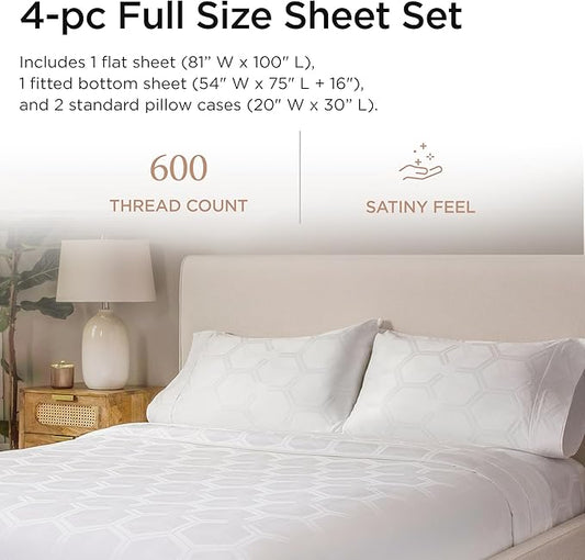 Threadmill 100% Cotton Sheets for Full Size Bed - 600 Thread Count Full Bed Sheets Set with 16” Deep Pocket - Jacquard Sateen Weave 4-Piece Bedding Set with Cooling Effect, White