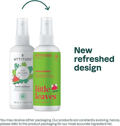 ATTITUDE Hand Sanitizer Spray for Kids & Adults, EWG Verified, Travel Size, Dermatologically Tested, Plant and Mineral Based, Vegan, Watermelon & Coco, 3.5 Fl Oz (Spray Bottle)