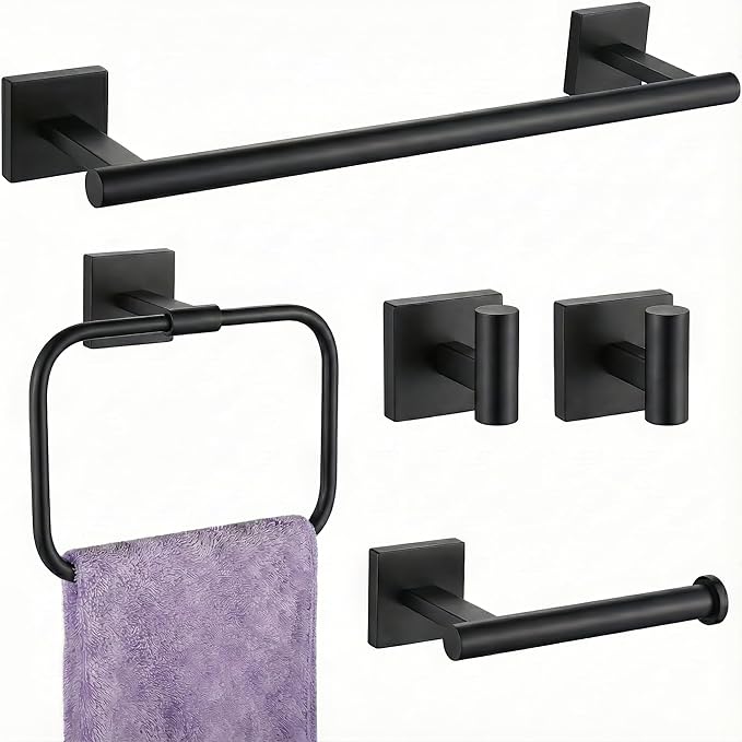 16" Matte Black Bathroom Hardware Accessories Set 5-Piece for RV Camper, SUS304 Stainless Steel Rustproof Towel Bar Kit, Durable Powder Coated Finish with 2 Robe Hooks (Matte Black)