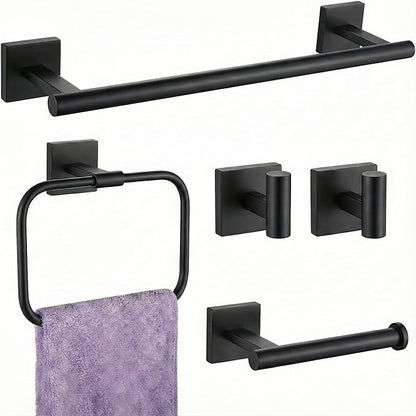 16" Matte Black Bathroom Hardware Accessories Set 5-Piece for RV Camper, SUS304 Stainless Steel Rustproof Towel Bar Kit, Durable Powder Coated Finish with 2 Robe Hooks (Matte Black)