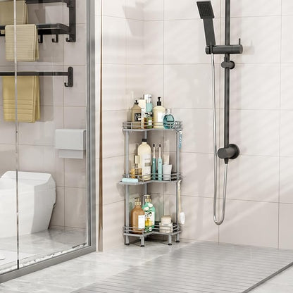 HapiRm Corner Shower Caddy Standing - 3 Tier Shower Organizer Corner with Soap Holder, Rustproof Bathroom Standing Organizer with 4 Hooks, Grey